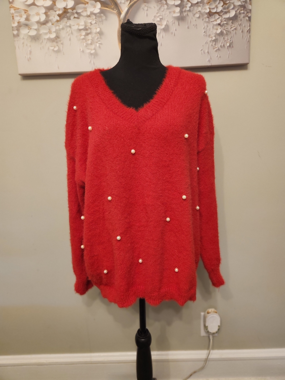 Macy's Red V-Neck Sweater with Pearl Accents